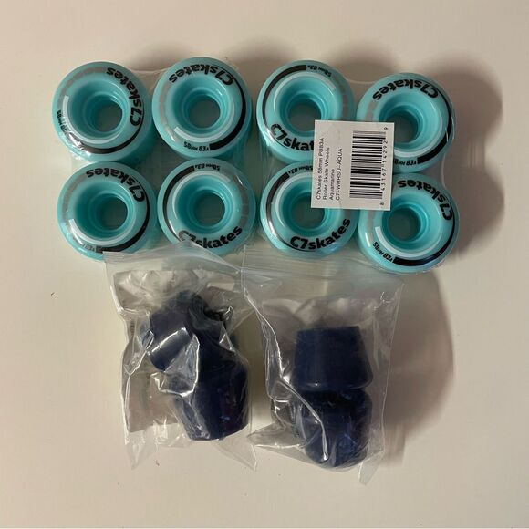 C7 Skates Roller Slate Wheels in Aquamarine & Stoppers in Navy Blue NIP - Picture 1 of 7